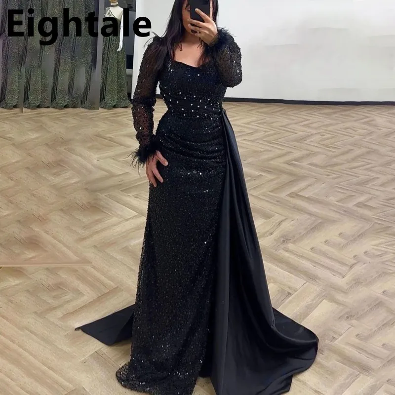 Eightale Black Prom Dress Mermaid Long Sleeve Sequins Evening Dress Abiye Formal Party Gown Vestidos de gala Customized