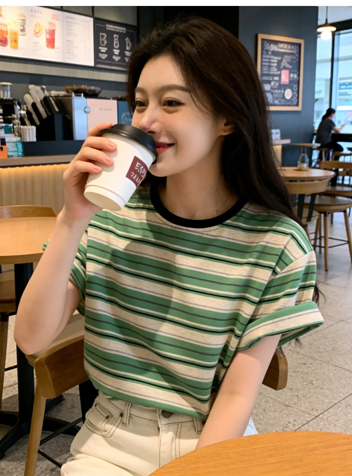 Retro Hong Kong Style T-Shirt Women's Loose Fit round Neck Short Sleeve Striped Chic Shoulder Summer Trendy Top Korean Version