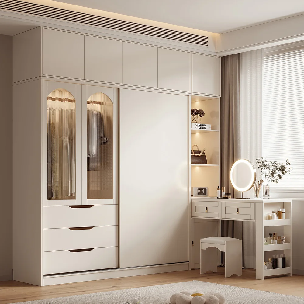 

Cream wind sliding door wardrobe desk integrated corner small household bedroom locker solid wood particle wardrobe