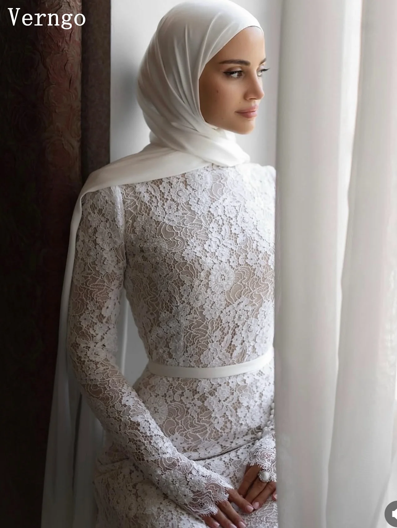Verngo Lace Wedding Dress High Neck Full Sleeves Mermaid Bridal Gowns Mulism Prom Bride Dresses Customized