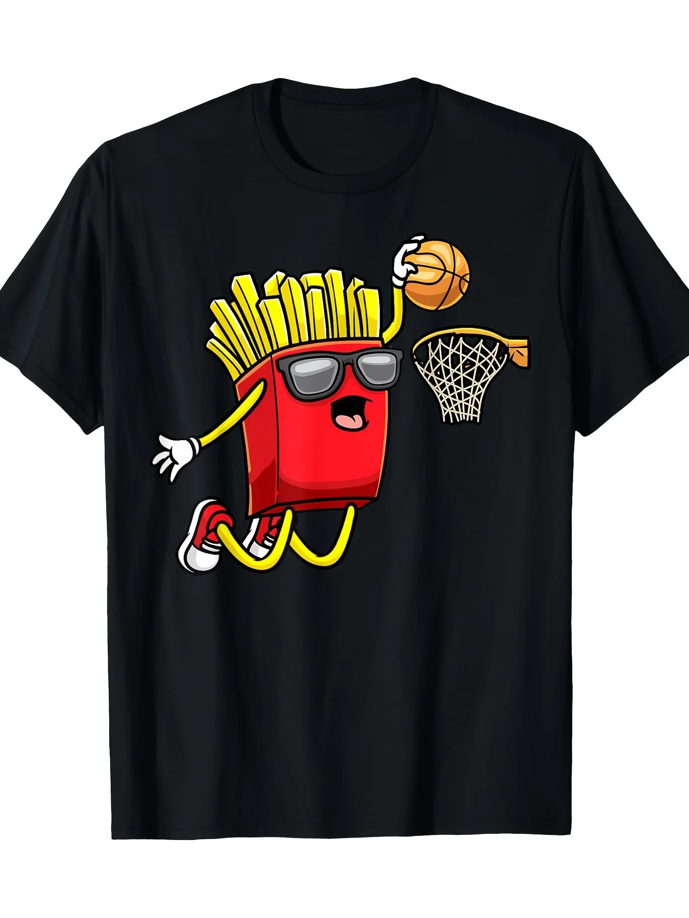 Men's Casual Short Sleeve T-Shirt with Funny French Fries Basketball Player Graphic Print - Black Summer Outdoor Sports Tee, Breathable  , Everyday Comfort Tee, Cartoonish Design, Lightweight Material, Novelty Shirt, Fun Fashion Fans