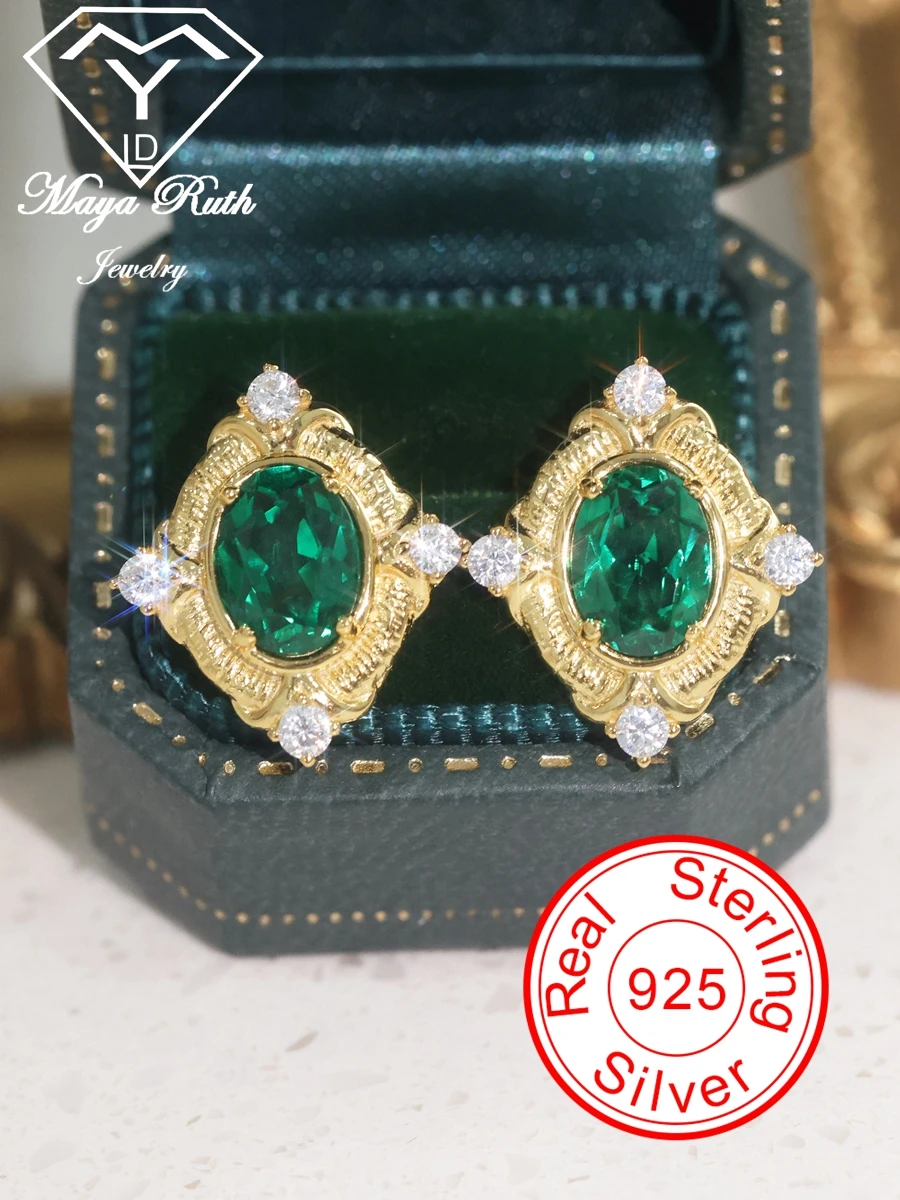 

Created Emerald 925 Sterling Silver Gold Plating Designer Earrings For Women Vintage Italy Style Green Gemstone Halo Jewelry