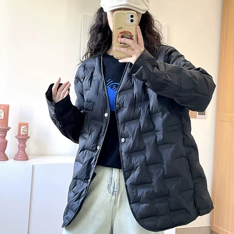 Schinteon Women Lightweight White Duck Down Jacket V-Neck Collar Autumn Winter Outwear Casual Loose Simple Coat 2025 New