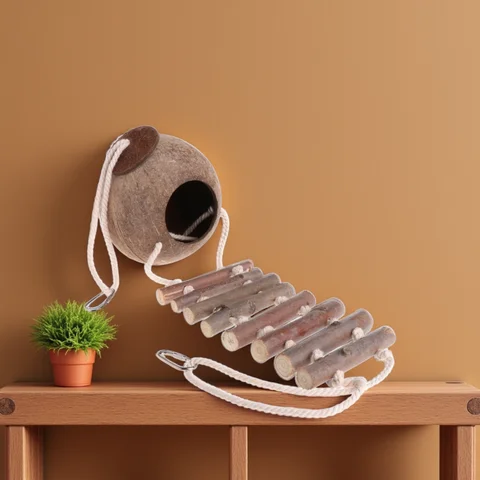 Comfortable Cute Design Natural Coconut Shell Bird Nesting House Small Size Pet Parakeets Finches Sparrows Cage With Ladder