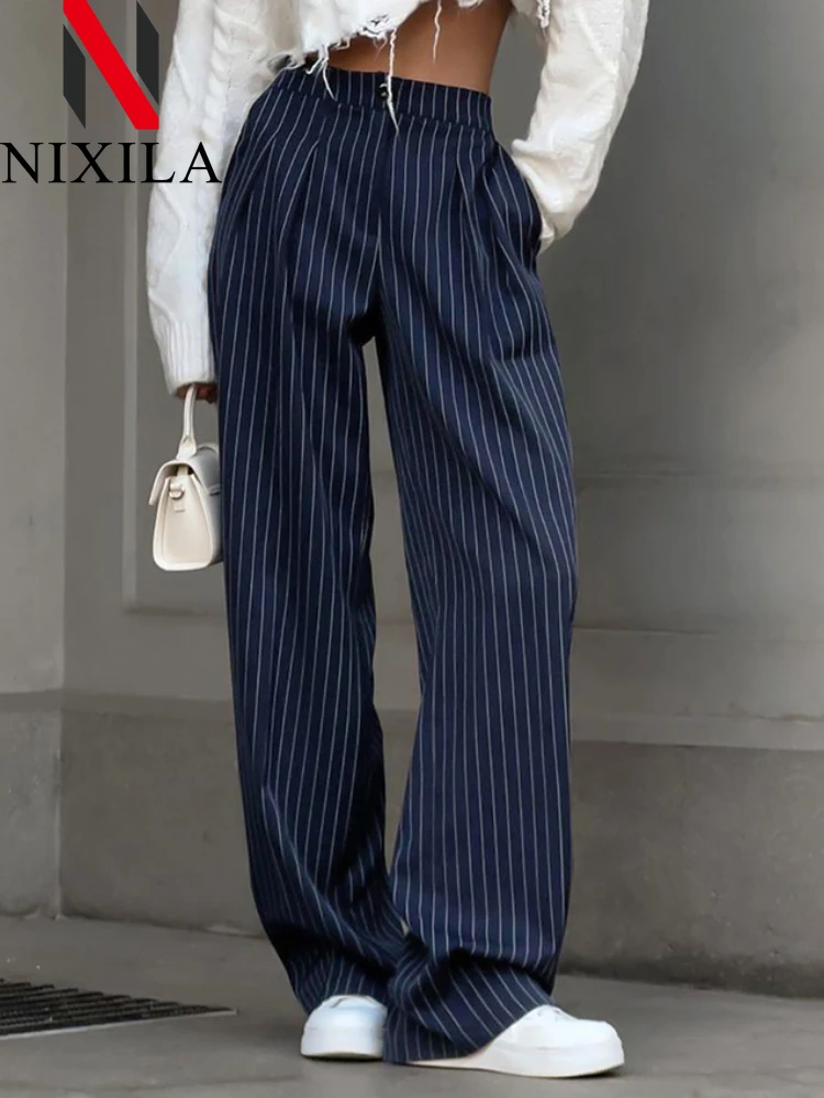 

New in Spring Summer Navy Striped Wide Leg Pants Elegant Leisure Streetwear Women Office Fashion Suit Pant Retro Female Clothing