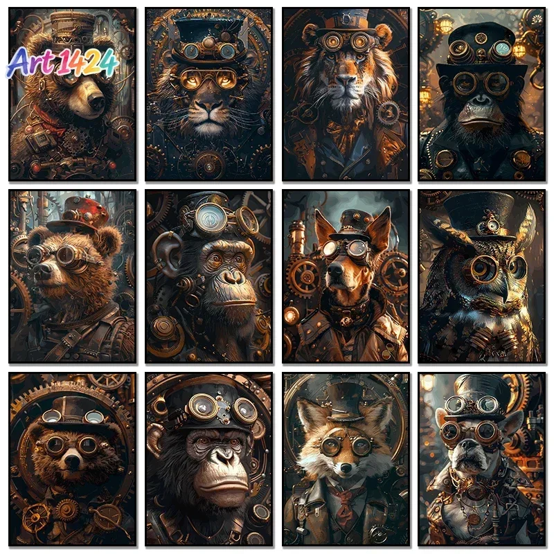 Steampunk Tiger Fox Owl Poster Art Canvas Painting And Prints Retro Funny Animal Tiger Gorilla Poster For Living Room Home Decor