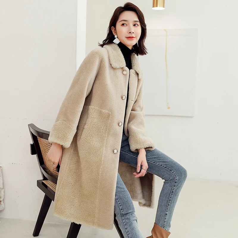 

winter turn down collar women's long style outerwear suede jacket 2023 new winter 100% wool fur coat