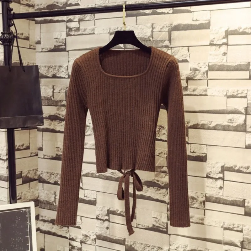 

OCEANLOVE Bandage Woman Sweaters Square Neck Autumn Winter Solid Short Pullovers Korean Fashion Basics Sexy Pulls Femmes