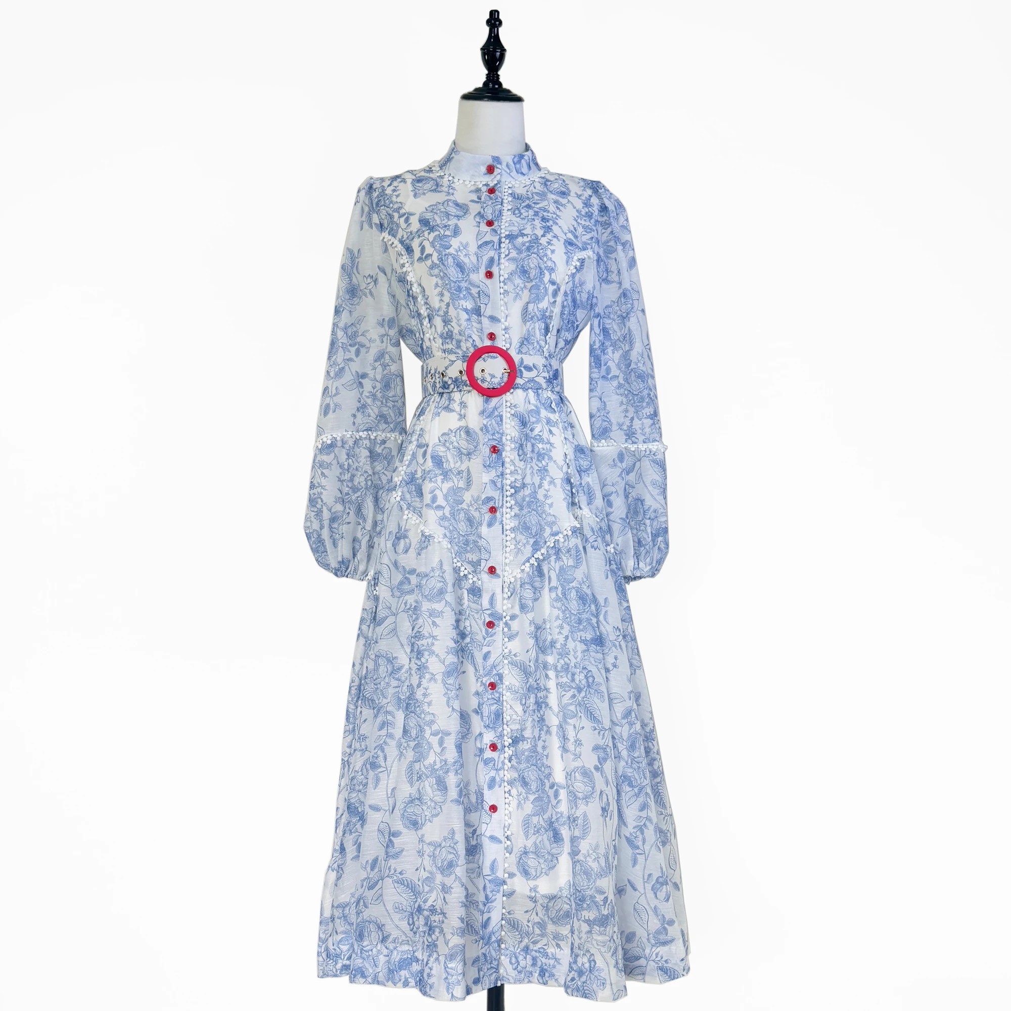 Retro Australian Print Stand Collar Single Button Color Blo Waist Cinched Midi Dr for Par Polyester Fiber Long Sve