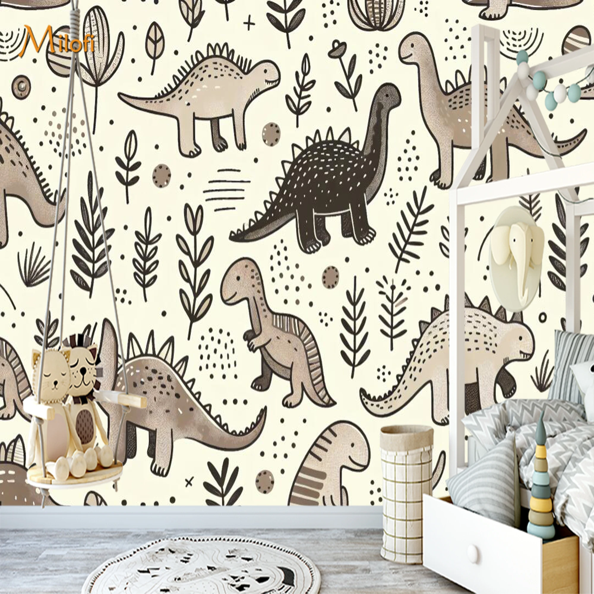 Custom Mural Wallpaper Boho Dinosaur Pattern Wall Mural, Neutral Cartoon Dino Wall Decor for Boys Kids Bedroom Nursery
