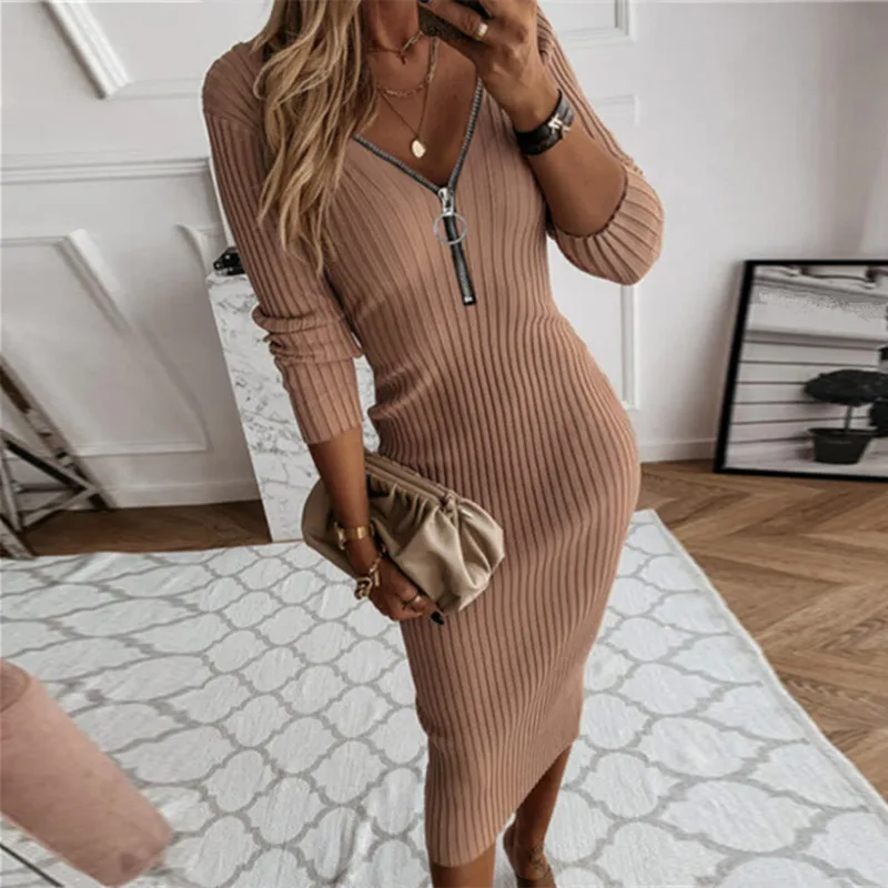 Autumn Dresses For Women 2023 Sexy V Neck Vintage Solid Slim Dress Elegant Knitted Zipper Bodycon Party Dress