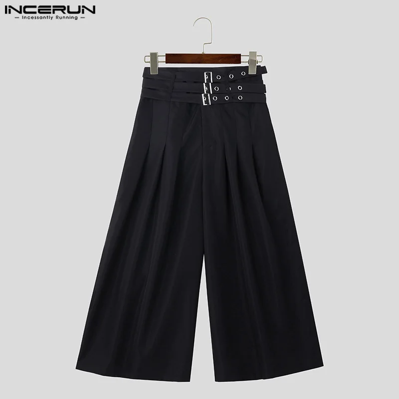 2024 Men\'s Wide Leg Pants Solid Color Pleated High Waist Casual Trousers Men With Belt Loose Streetwear Fashion Pants INCERUN