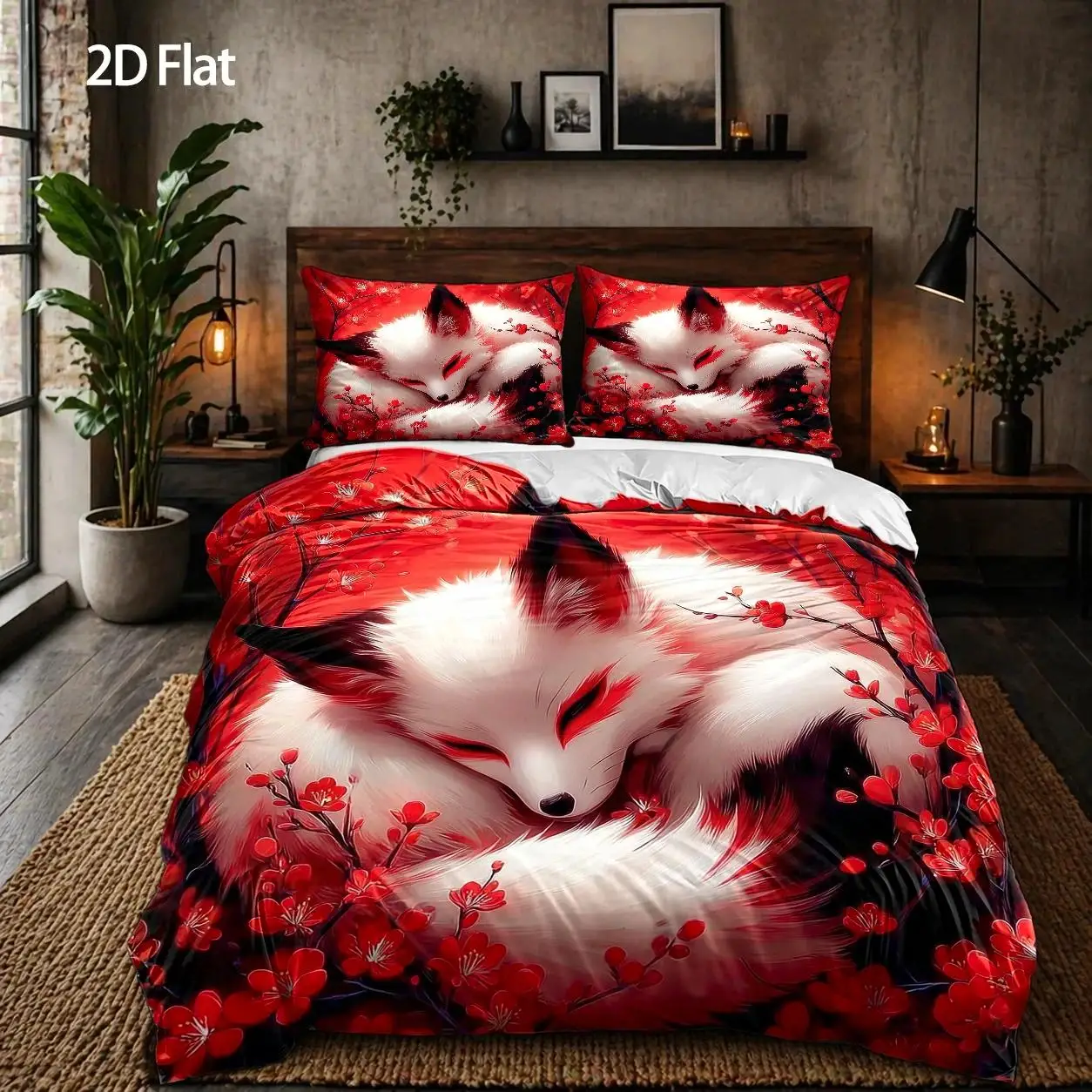 3-Piece Bedding Set Quilt Cover with 2 Pillowcases Red Fox Floral Oriental Art Style All Seasons Machine Washable
