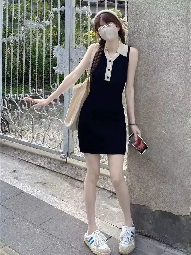 Dzianinowa Mini sukienka damska Panelled Slim New Sexy Summer Sleeveless Leisure Students Sundress Korean Office Lady Hotsweet Harajuku