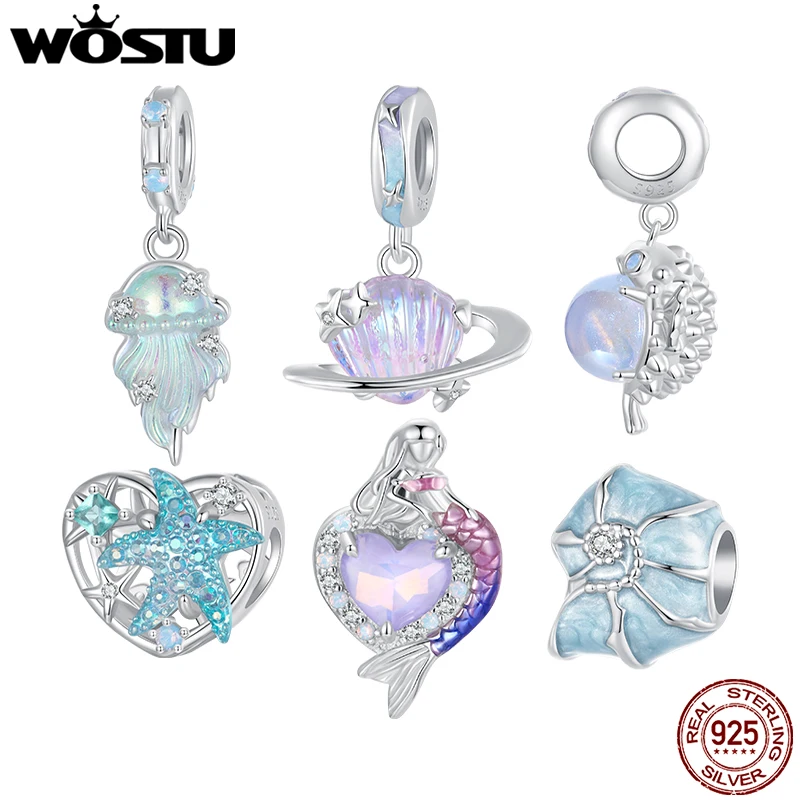 WOSTU 925 Sterling Silver Fantasy Jellyfish Charm Planet Shell Pendant Starfish Beads Safty Chain Fit DIY Bracelet Holiday Gift