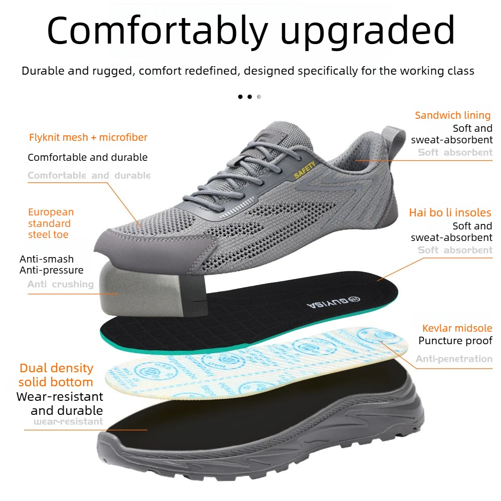 Sapatos de segurança em malha respirável com biqueira de aço, resistentes a perfurações, botas de trabalho protetoras e confortáveis para uso industrial._voghion.com