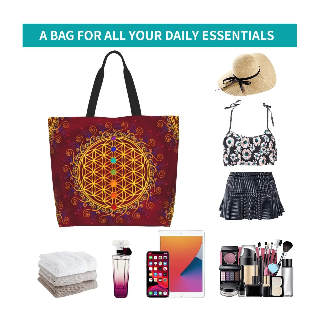 Cute Printing Flower Of Life Tote Shopping Bags borsa a tracolla in tela lavabile spiritualità Yoga Zen Mandala Handbag