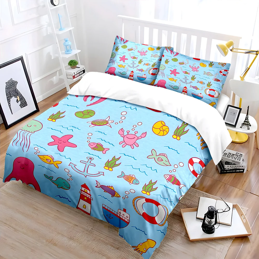 Cartoon ocean elements pattern Print Bedding Set 1 Duvet Cover 2 Pillowcases for Adult and Children Luxury Gift Full Size