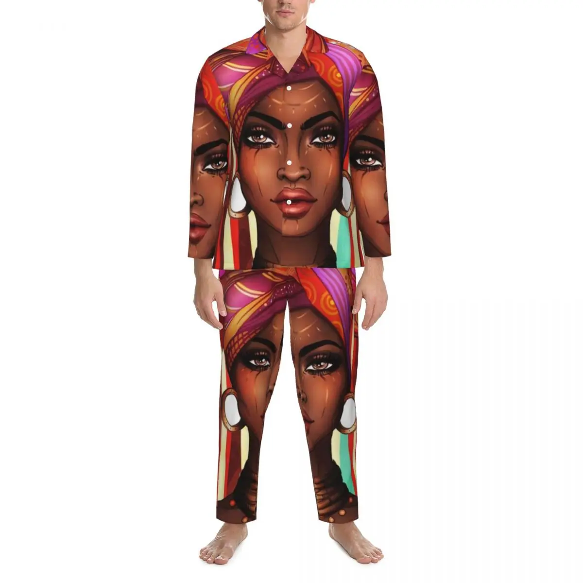 African Women Sleepwear Autumn Stay Strong and Power Retro Oversize Pajama Sets Mens Long Sleeve Kawaii Daily Custom Nightwear