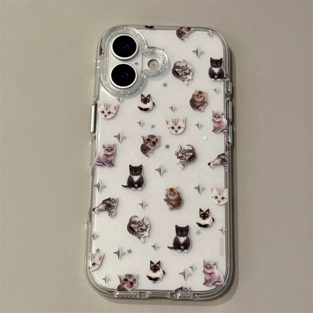 Niedliche Welpen-Cartoon-Kätzchen-Glitzer-Sternen-Transparente Hülle für iPhone 16 17Pro 13 14 15 18 Promax Stoßfeste Schutzhülle – Detail 8
