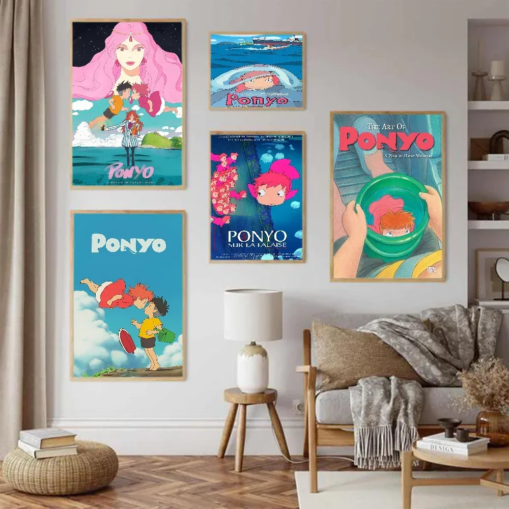 1PC Ponyo On Cliff By The Sea Movie Sticky Posters Retro Kraft Paper Sticker DIY Room Bar Cafe Aesthetic Art Wall Painting