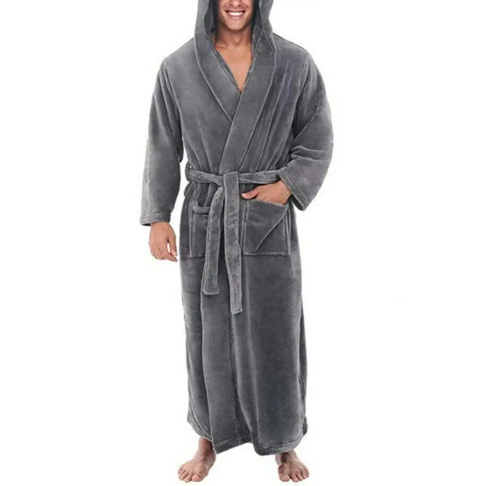 Sleepwear Soft Solid Color Pockets Men Coral Fleece Long Bath Robe Home Gown Sleepwear