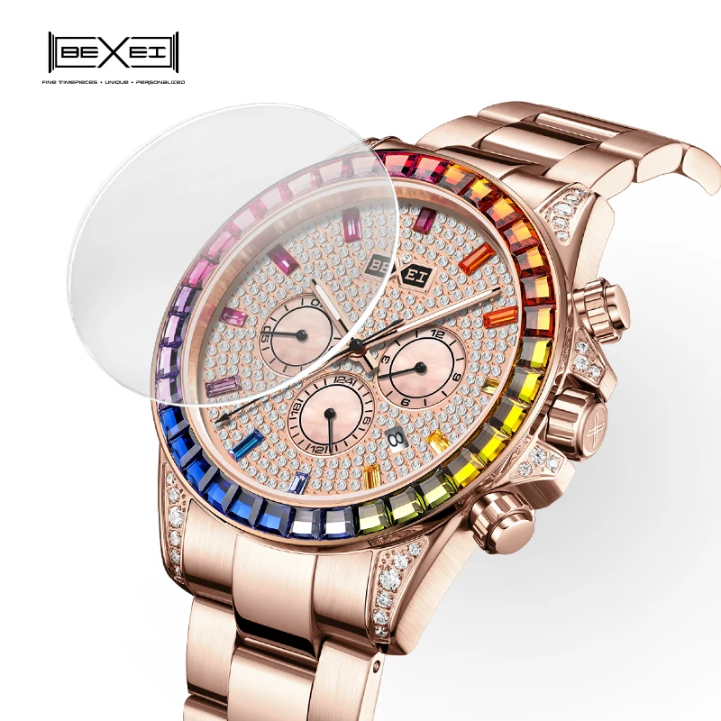 BEXEI 9155 Rainbow Crystal Bezel 360 zircons Dial movement mechanical watch Luxury sapphire 5ATM waterproof