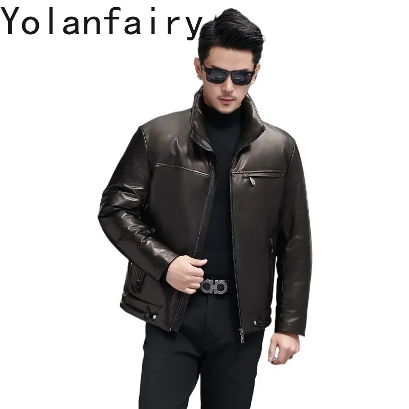 

YOLANFAIRY Genuine Leather Jacket Men Winter Short Real Sheepskin Leather Down Coat Man Stand Collar Casual Warm Puffer Coats