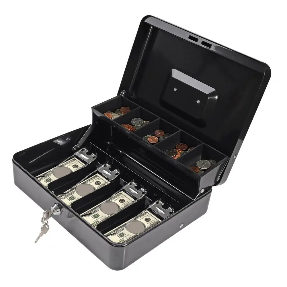 

Cashier Box with 2 Keys Multi Money Trays Cantilever Design Coin Compartments Protection Locking Cash Box Secure Metal Money Box