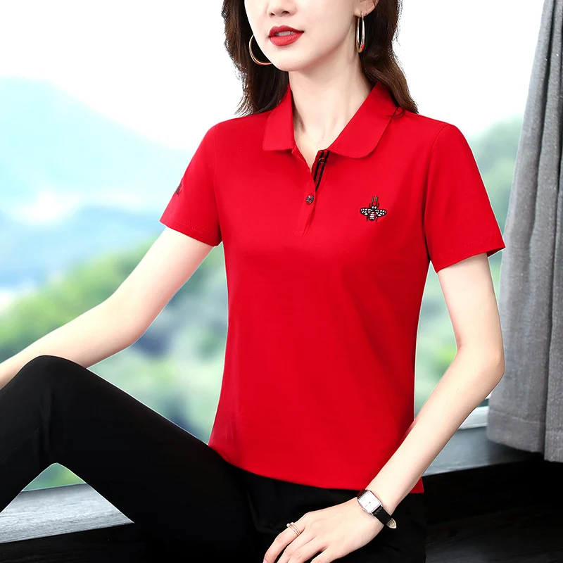 Letnia bawełniana koszulka damska w dużym rozmiarze, sportowa, z kołnierzykiem, luźny krój, oddychająca, odprowadzająca pot...