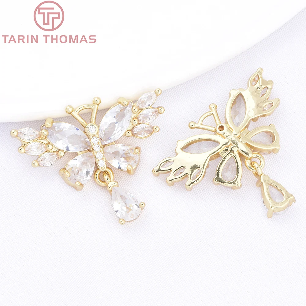 (10082) 4PCS 18K Gold Color Brass with Zircon Butterfly Shaped Pendant with Water Droplets High Quality DIY Jewelry Findings