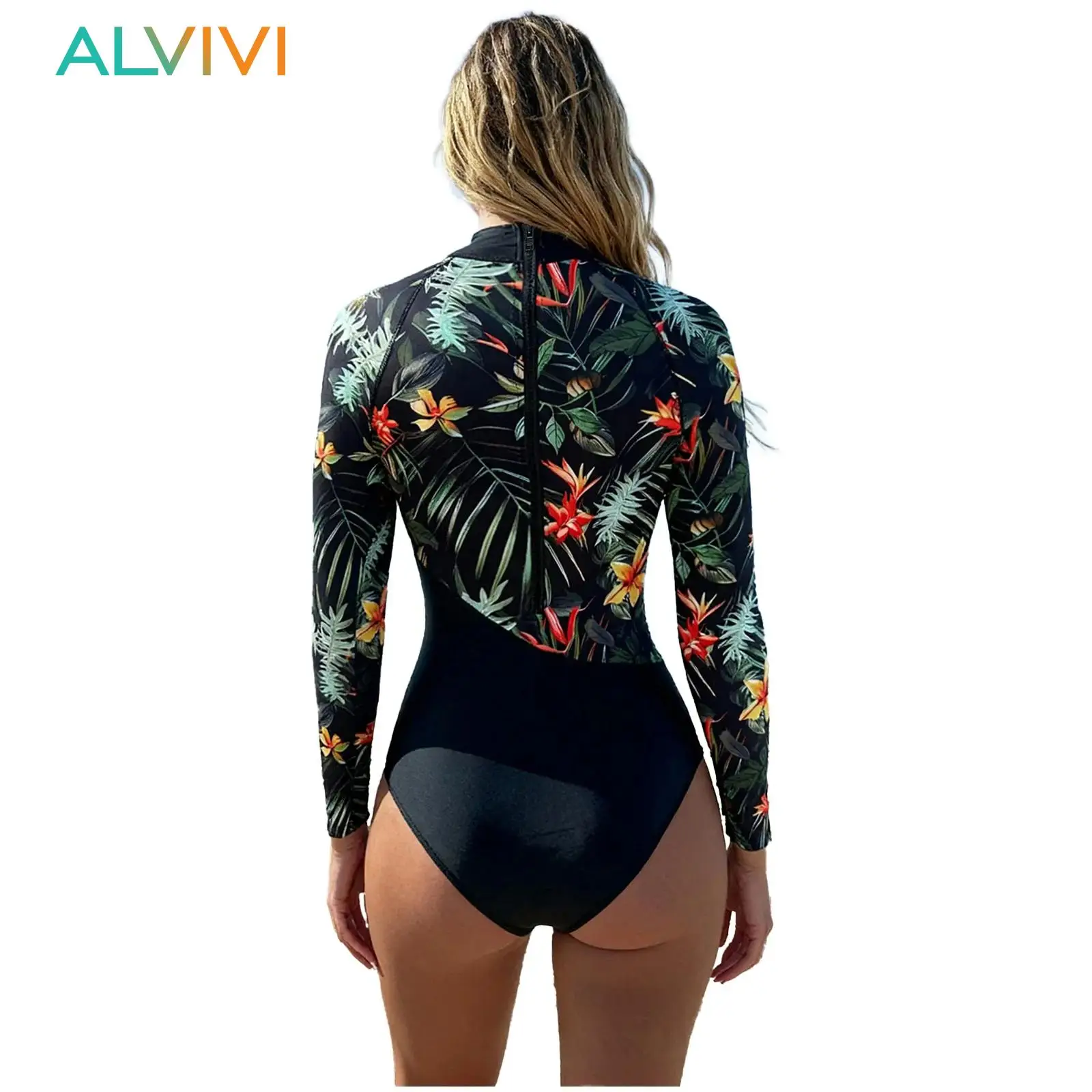 

Womens Back Zipper One Piece Swimsuit Rash Guard Swimwear Long Sleeve Surfing Diving Bodysuit Printed Swimming Bathing Suit