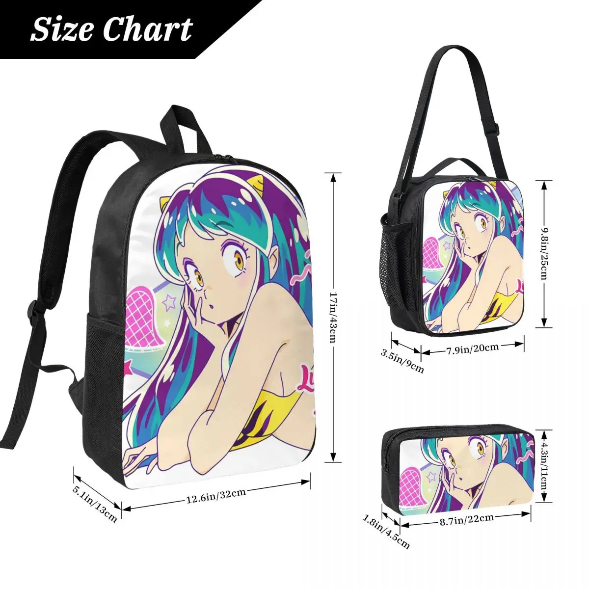 Flying Lamu Anime Urusei Yatsura Backpack Student BookBag School Bag Laptop Shoulder Bags 3ps Insulated Lunch Bag Pencil Case