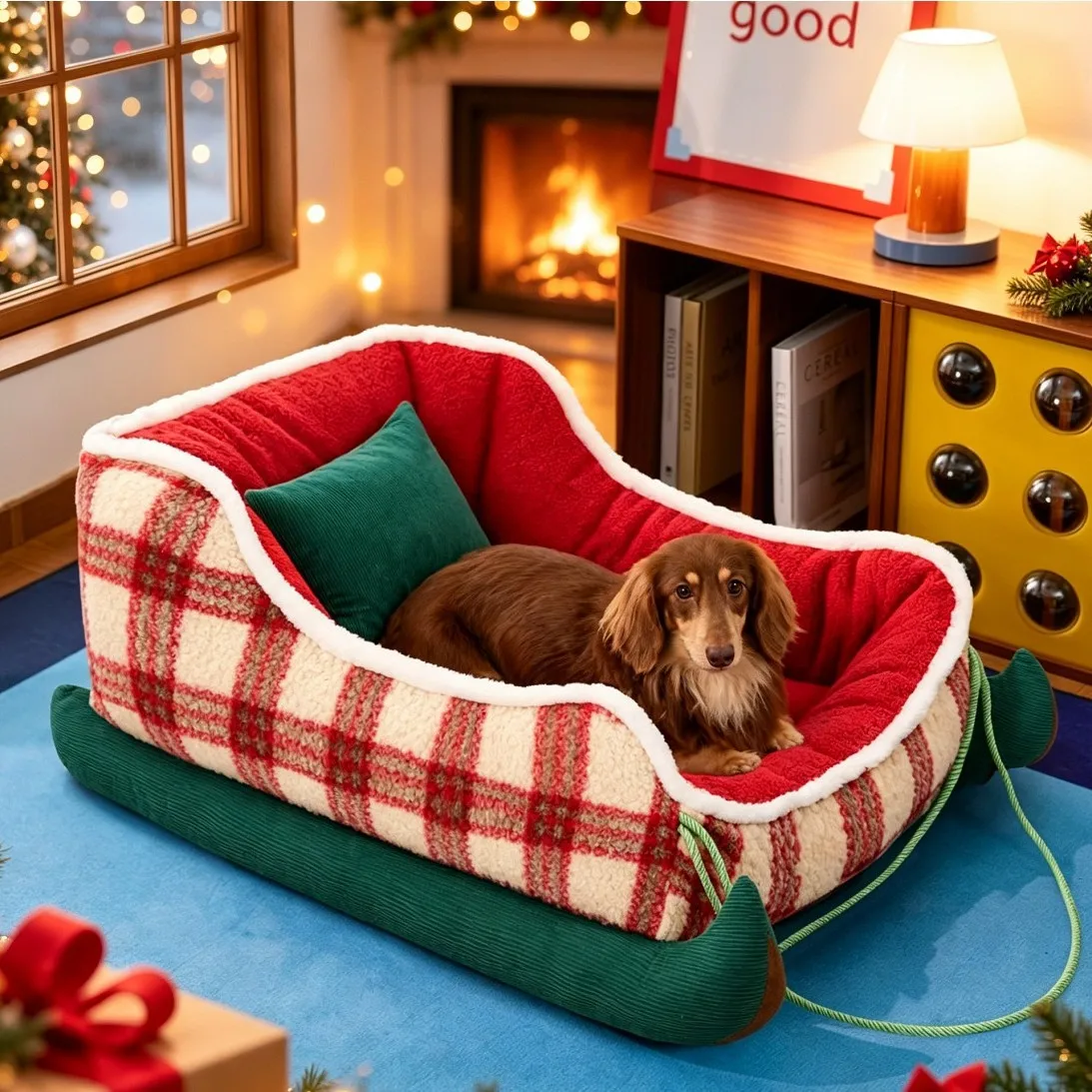 Christmas Sled Dog Bed for Small Dogs, All-Season Warm Pet House with Washable Cover - Winter Cozy Sleeping Kennel