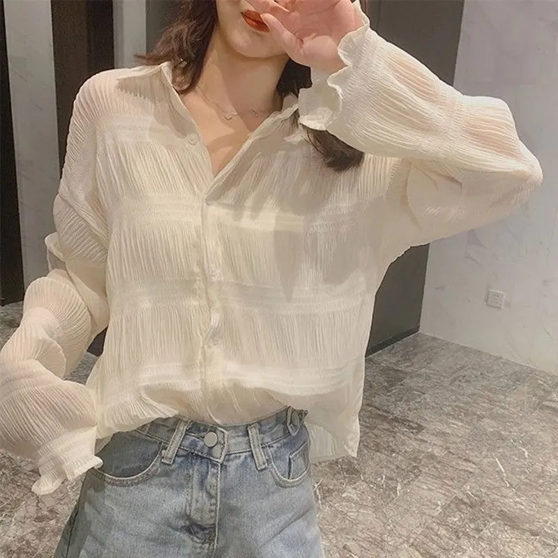 Female Clothing Stylish Ruffle Long Sleeve Blouse Spring Summer Commute Solid Color Casual Folds Polo-Neck Single-breasted Shirt