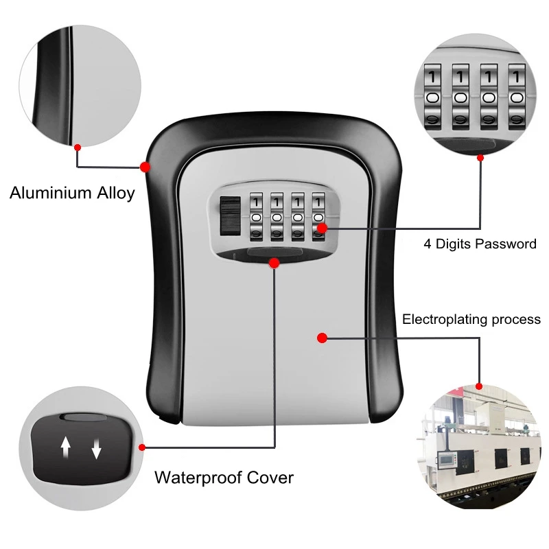 Waterproof Password Key Storage Lock Box Safe 4 Digits Combination Wall-Mounted Home Security Keybox for Outdoor Alarm Systems