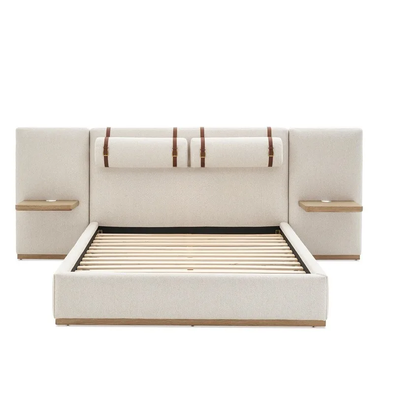 Italian creative designer bedroom floor-to-ceiling double fabric solid wood bed, modern hotel homestay cream style master