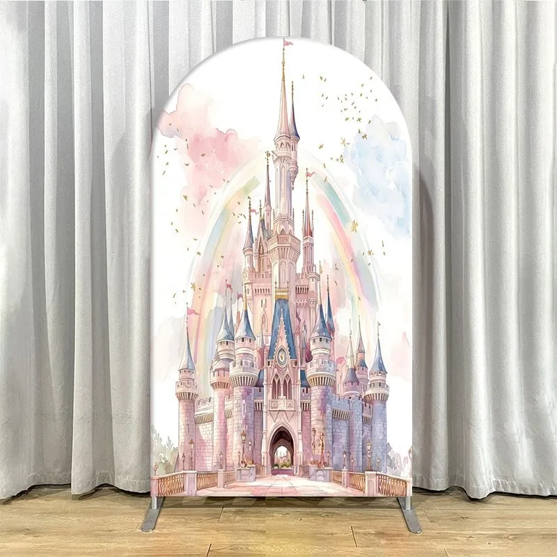 Single Side Arch Backdrop Cover Elegant Castle Theme Party Backdrop Set Featuring Floating Pink Clouds Balloons and Rainbow