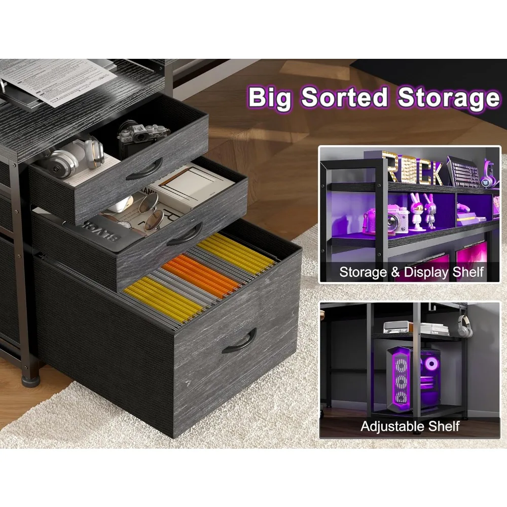 مكتب على شكل حرف L لشخصين مع قفص، 64 × 60، تصميم زاوية قابل للعكس لتخزين الشاشة والأدراج #6