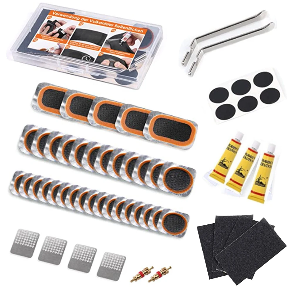 Bike Inner Tire Patch Repair Kit With 29Pcs Vulcanizing Patches 6Pcs Pre Glued Patchs Metal Rasp and Lever for Motorcycle BMX