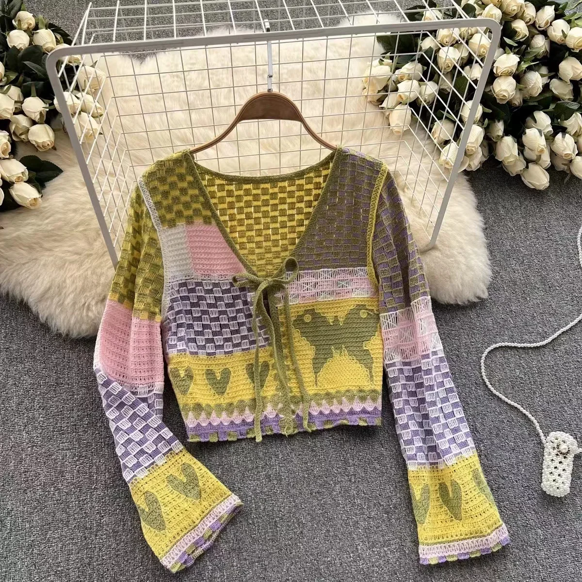 90s di Modo Y2k Estetica Lavorato A Maglia Sottile Apri Stitch Cardigan Corto Primavera Vintage Hippie Crochet Della Rappezzatura del Plaid Sottile