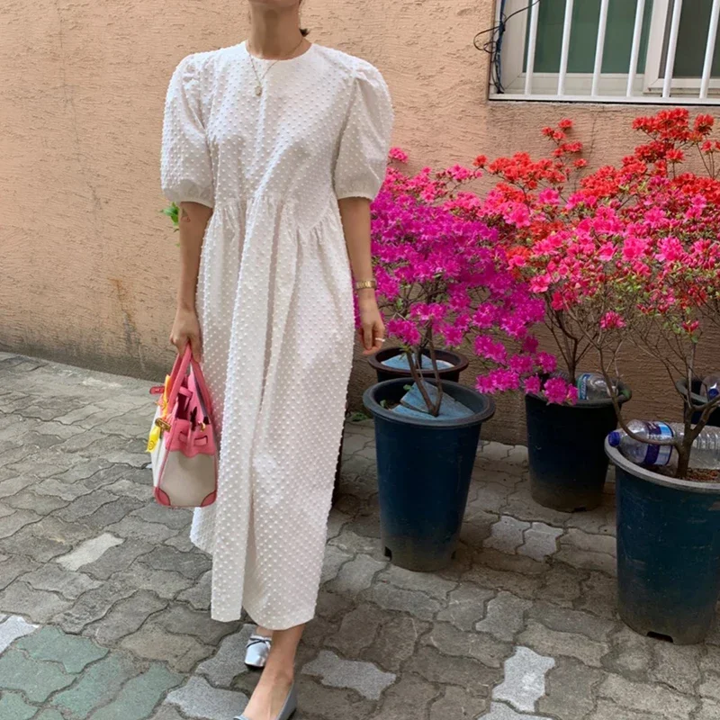 

Vintage Puff Sleeve Midi Dress Polka Dot Women Summer O Neck A-line Loose Dresses Robe Mujer elegant aesthetic Yellow White