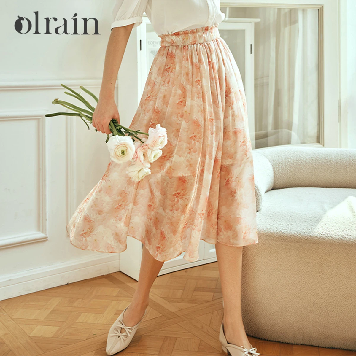 

OLrain Women A-line Skirt French Style Floral Print Skirt Summer 2025 Casual High Waist Ruffled Gauze Ladies Skirts O23XB01892