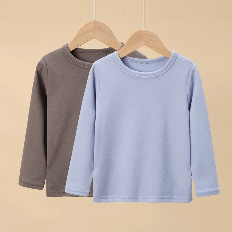 4-piece Children's Autumn And Winter Solid Color Fashionable Versatile Round Neck Warm Top Boys And Girls Long Sleeved T-shirt