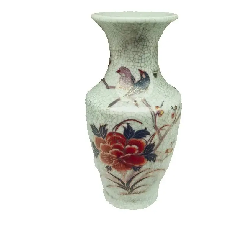 Traditional Chinese Old Porcelain Vase, Decorative Pastel Crack Glazed Flower Bird Pattern Guanyin Vase  Collectible Artware