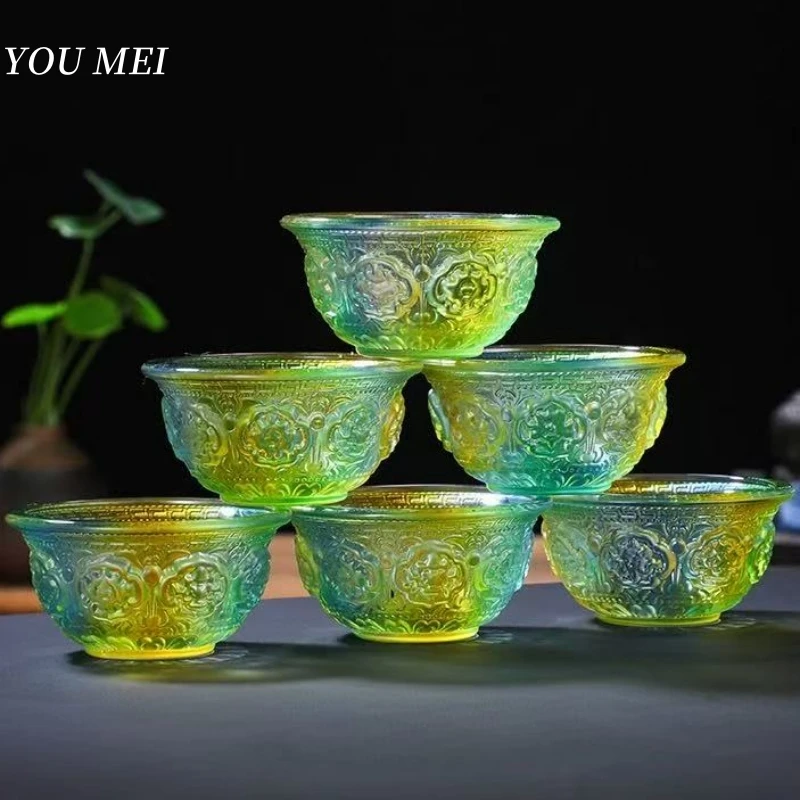 

7Pcs Buddhism Altars Liuli Bowl,Colorful Engraving Auspicious Exquisite Texture Cup,Tibetan Handicraft Holy Bowl Buddhist Item