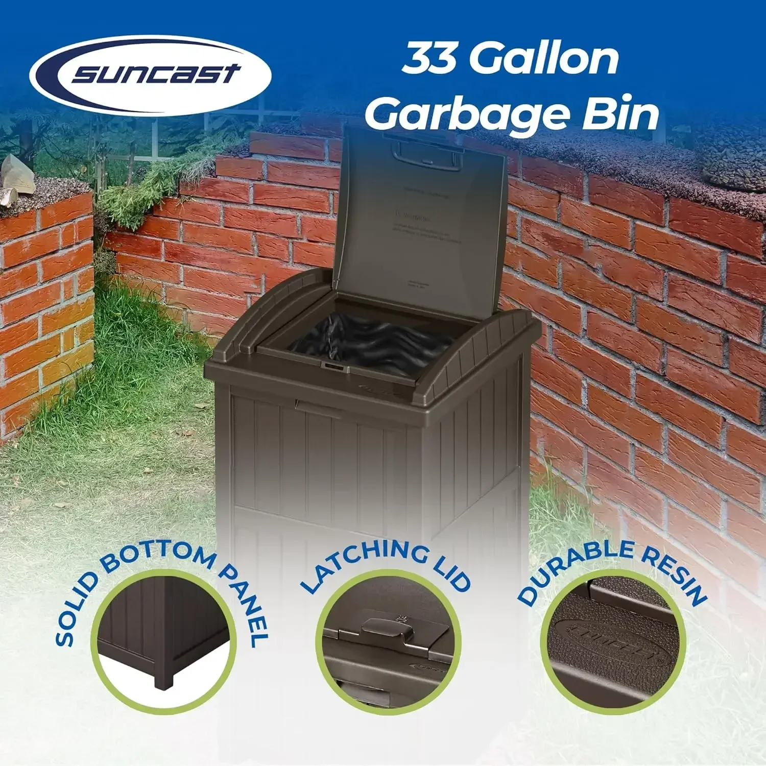 3 Pack 33 Gallon Durable Plastic Hideaway Outdoor Garbage Can with Secure Lid & Wicker Design for Home Backyards, Decks, or Pati