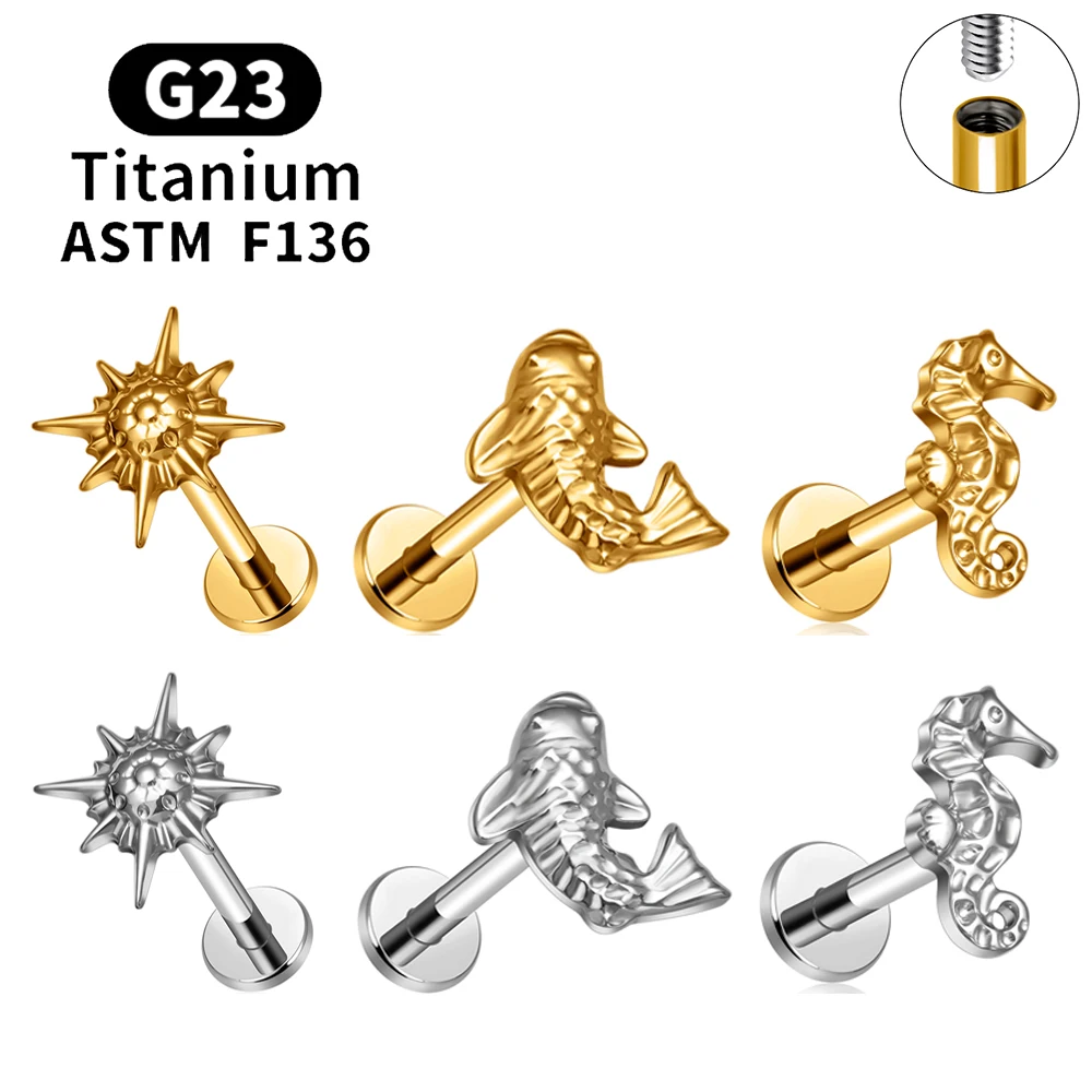 ASTM F136 Titan 16G Seepferdchen Flache Rückseite Labret Ohrstecker Knorpel Ohrring Lobe Helix Conch Tragus Ohrstecker Nasenpiercing Schmuck