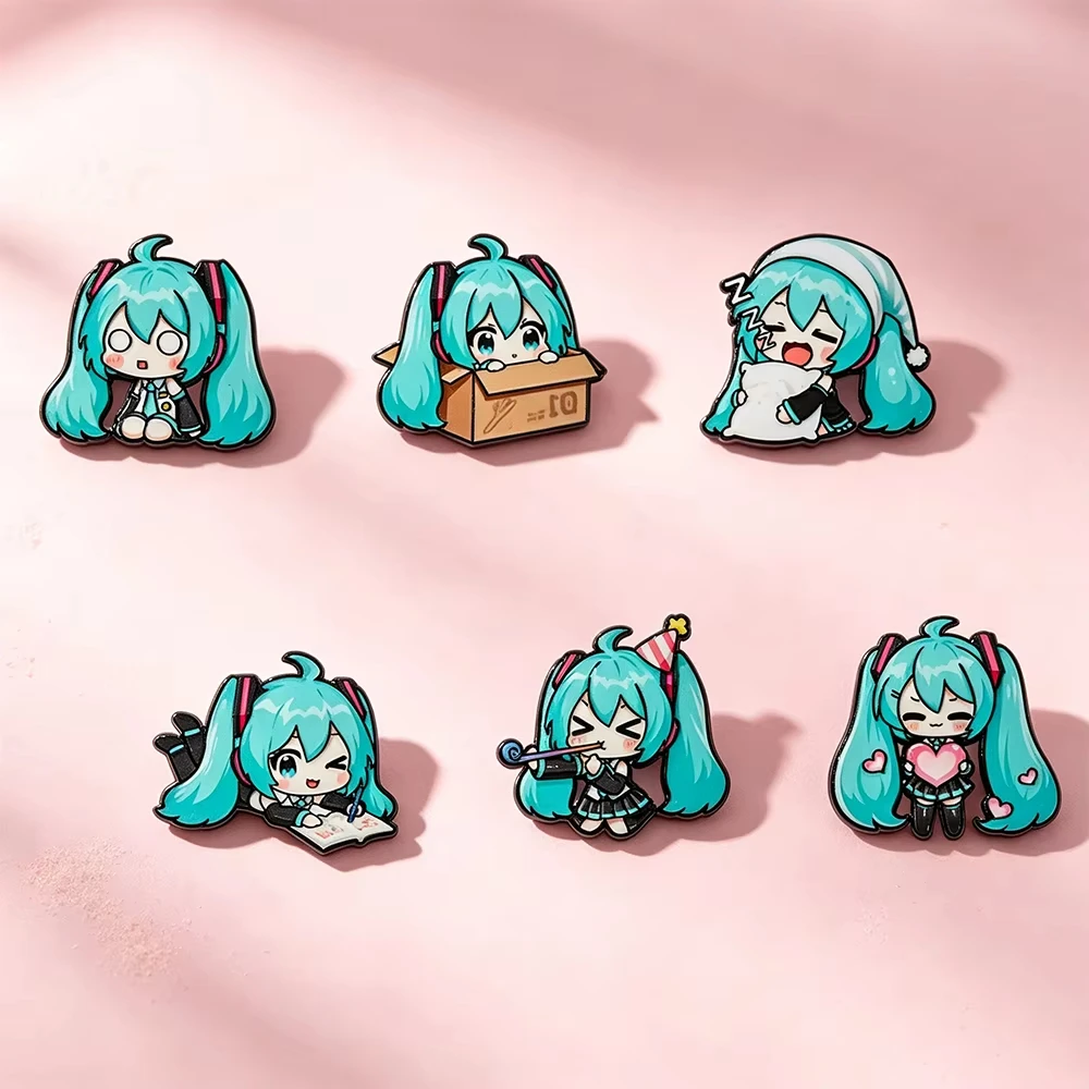 6pcs Kawaii Chibi Enamel Pin Set Multi-Pose Vocaloid Anime Brooches, Aesthetic Metal Lapel Badges for Backpack Perfect Gift