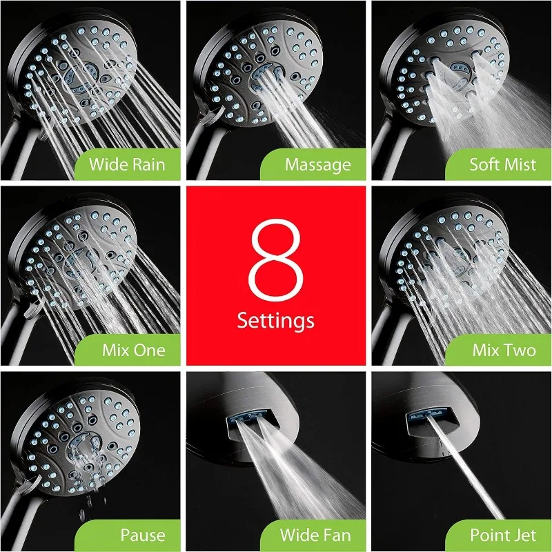 High Pressure 8-mode Handheld Shower Head - Anti-clog Nozzles, Built-in Power Wash to Clean Tub, Tile & Pets, Extra Long 6